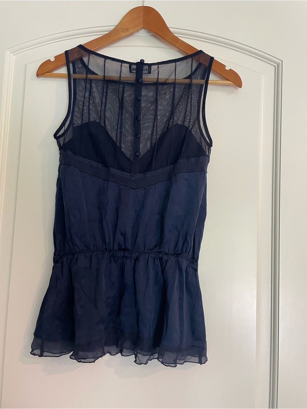 bebe Blue Sheer Mesh Yoke Round Neck Sleeveless Button Front Blouse Size S